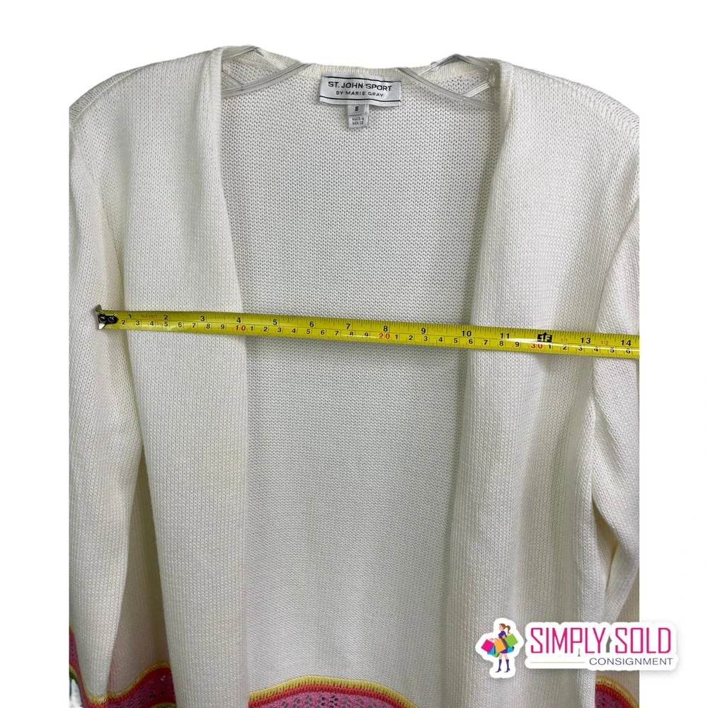 St. John Sport by Marie Gray Womens Cardigan Sweater Cream Knit Quarter Sleeve S